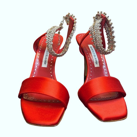 NEW Manolo Blahnik Size 38.5 EU Parinasan Embellished Ankle-Strap Sandals, Red - Picture 6 of 11